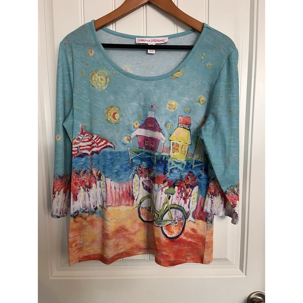 LEOMA LOVEGROVE Womens Tropical  Art  Top Bicycle Petite Medium Houses Shirt 094